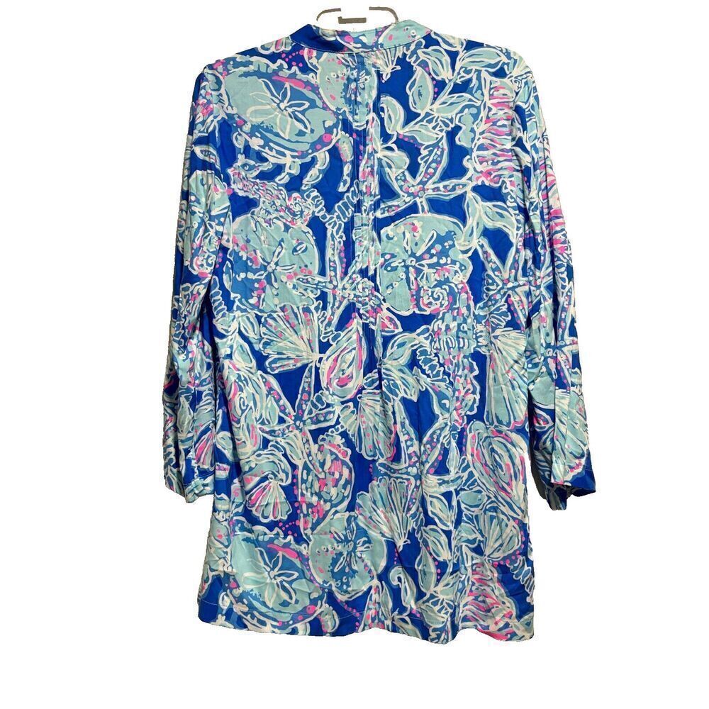 Lilly Pulitzer Tunic Blouse Top Blue L Long Sleeve V Neck 100% Rayon Floral - Picture 2 of 11